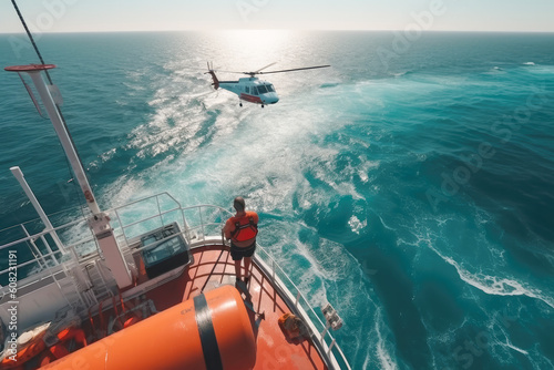 Coast Guard Helicopter Search and Rescue descending on ship at blue sea. Generative AI photo