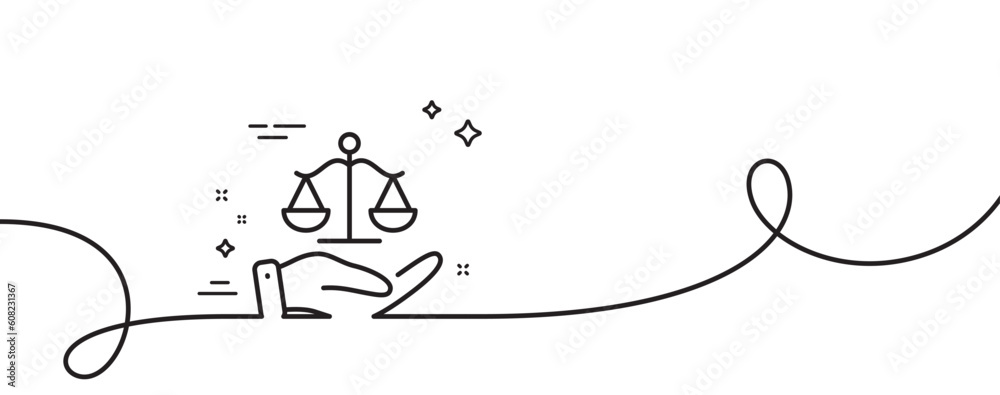 Justice scales line icon. Continuous one line with curl. Judgement scale sign. Legal law symbol. Justice scales single outline ribbon. Loop curve pattern. Vector