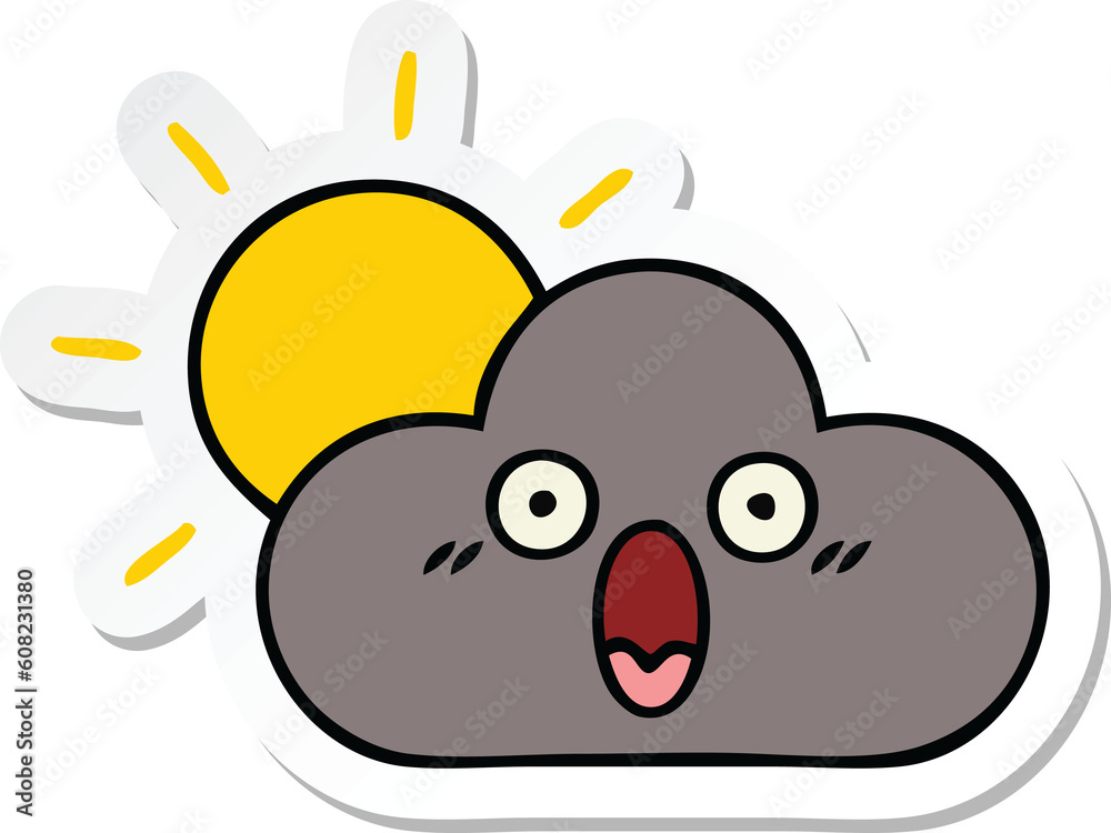 sticker of a cute cartoon storm cloud and sun