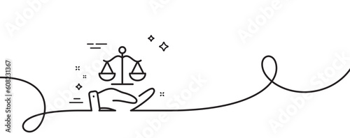 Justice scales line icon. Continuous one line with curl. Judgement scale sign. Legal law symbol. Justice scales single outline ribbon. Loop curve pattern. Vector