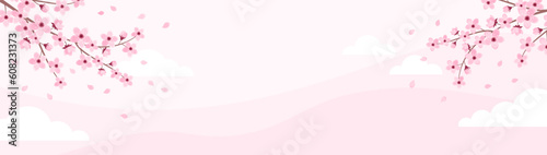 Pink cherry blossom frame on a pastel pink background with copy space. Banner with sakura branches and clouds. Vector illustration in flat style