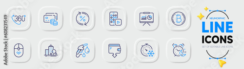 Loan percent, Alarm and Inspect line icons for web app. Pack of Presentation, Wallet, Scroll down pictogram icons. Phone app, Freezing timer, Petrol station signs. Money, 360 degree, Bitcoin. Vector