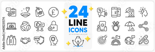 Icons set of Petrol station, Discounts offer and Risk management line icons pack for app with Puzzle, Share, Targeting thin outline icon. Sale tag, Honor, Shield pictogram. Vector