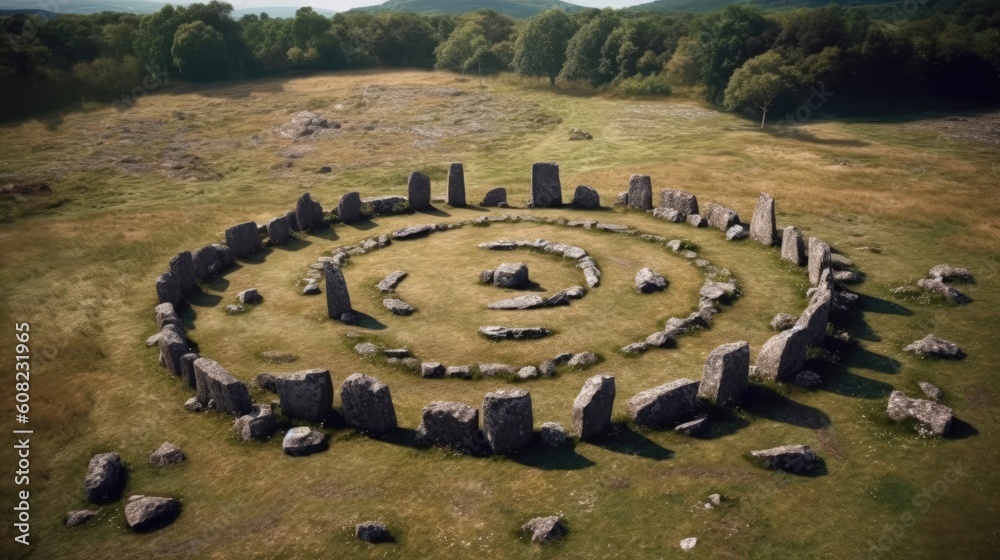 Nestled in the landscape, the mysterious stone circle formation stands as a testament to the ingenuity and craftsmanship of our ancestors. Generated by AI.