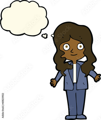 cartoon friendly business woman with thought bubble