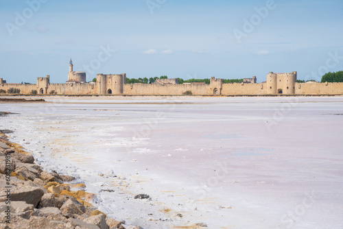 Pink salt marshes landscape near Aigues-Mortes, France. Medieval town of Aigues Mortes with its well preserved wall, ramparts and towers at background. Nature and landmarks travel concept. 