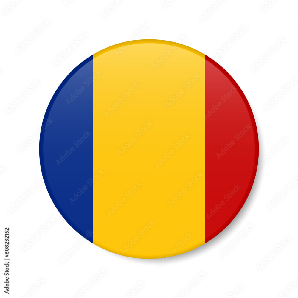 Romania circle button icon. Romanian round badge flag. 3D realistic isolated vector illustration