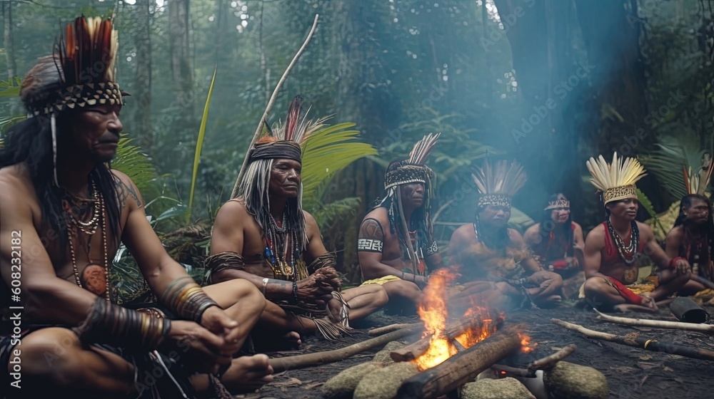 Embark on a mystical journey within the shamanic ceremony, where the hypnotic beat of the drum leads the way. Chanting voices, filled with reverence and intention. Generated by AI.