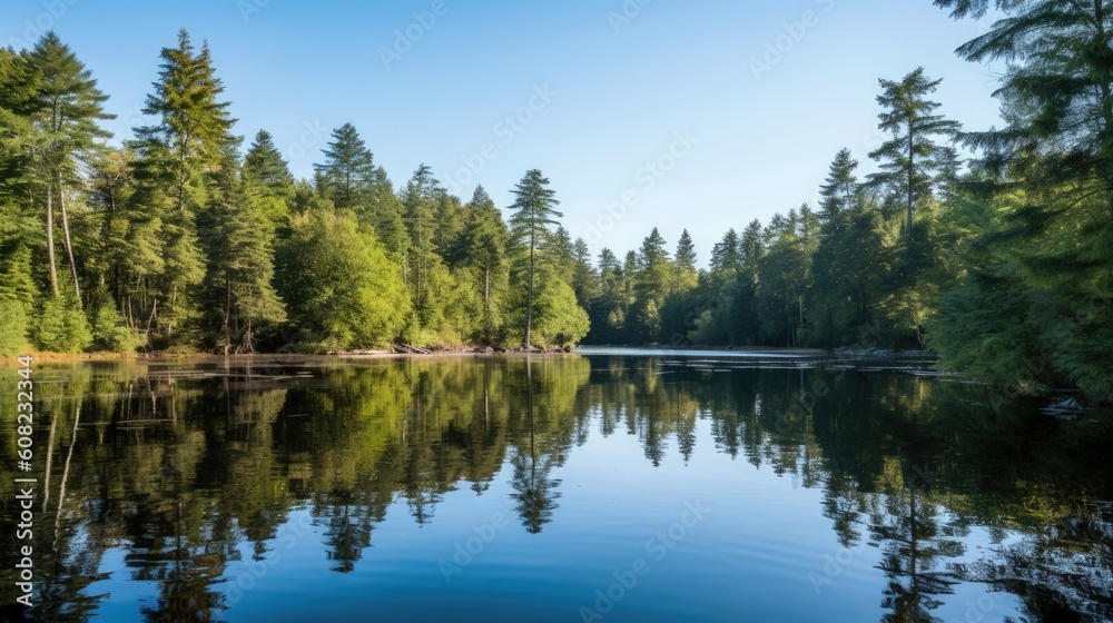 A picture-perfect scene unfolds as a serene lake glistens under the watchful gaze of towering trees. Their branches reach skyward. Generated by AI.