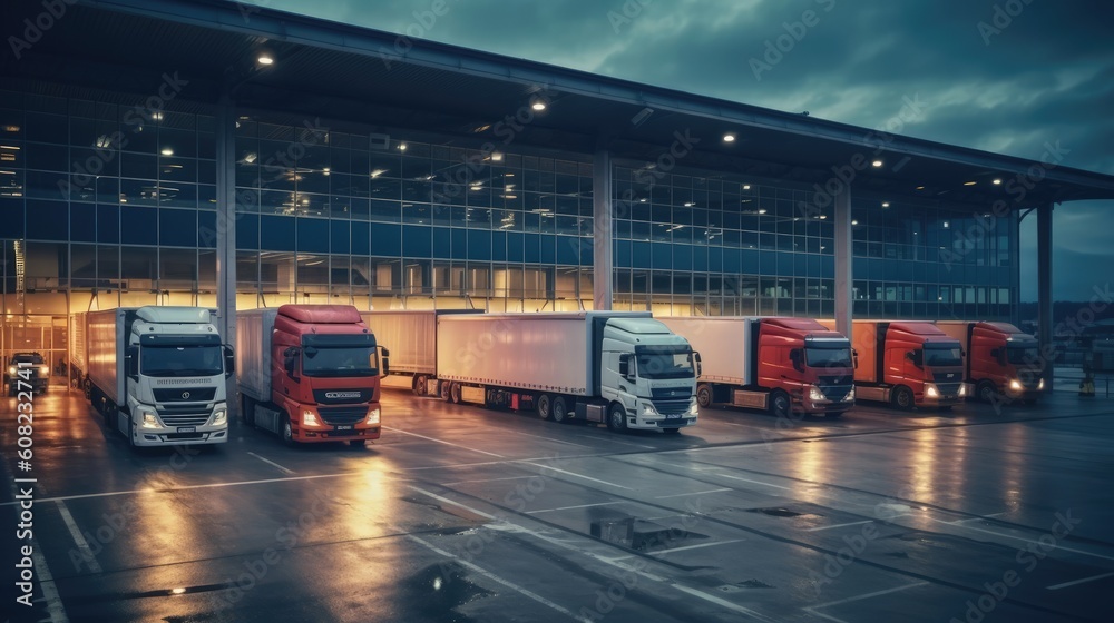 Immerse yourself in the dynamic atmosphere of a busy logistics center, where trucks converge to load and unload cargo in a carefully choreographed dance. Generated by AI.