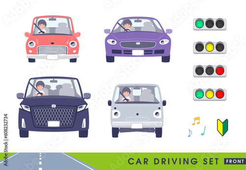 車を運転するTシャツマッシュヘア女性のセット。正面向き