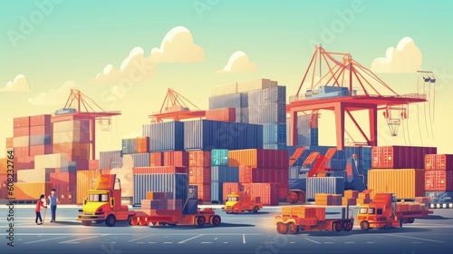 Enter a busy shipping and receiving dock, a bustling nexus of logistics where forklifts dart to and fro, skillfully moving pallets and crates to their designated places. Generated by AI.
