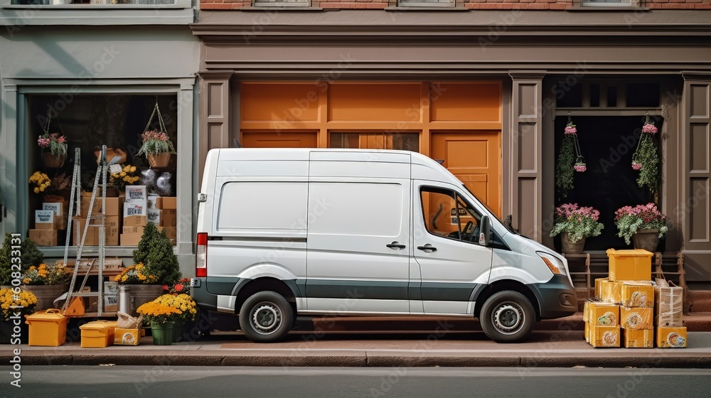 Parked outside a bustling storefront, a delivery van stands ready to transport goods to their final destinations. Its spacious interior accommodates packages of various sizes. Generated by AI.