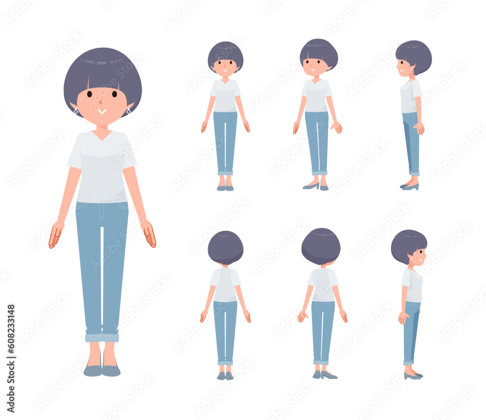 Obraz premium 立っているTシャツマッシュヘア女性のセット