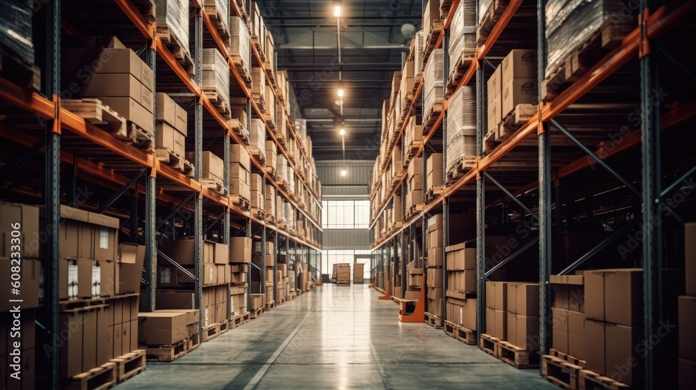 The e-commerce company warehouse is a sight to behold, with shelves stretching in every direction, housing a diverse range of products. Generated by AI.