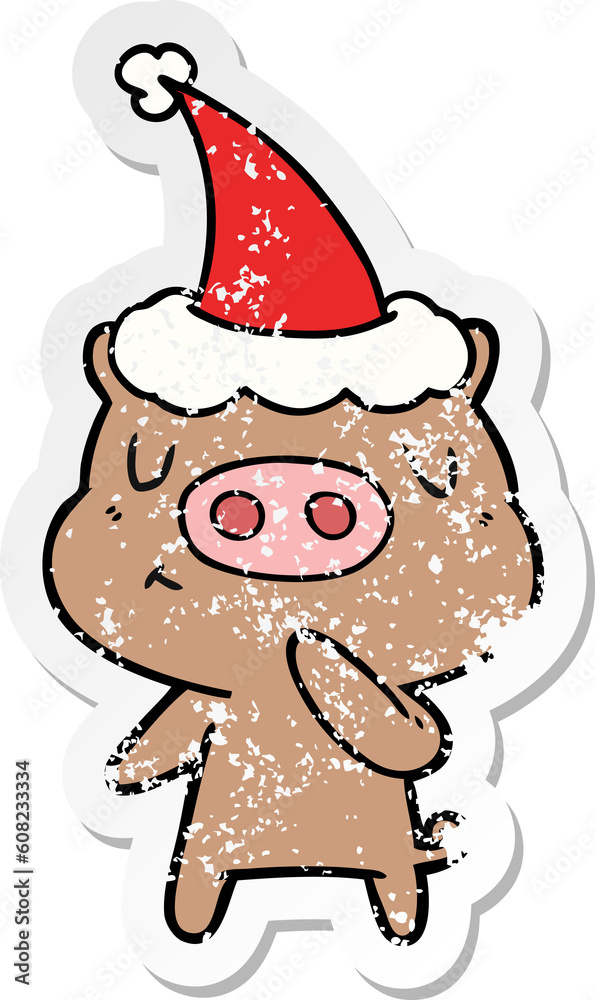 hand drawn distressed sticker cartoon of a content pig wearing santa hat hand drawn distressed sticker cartoon of a content pig wearing santa hat