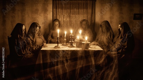 In a dimly lit room, a group of individuals sits in a circle, their hands joined and their eyes closed. Soft whispers fill the air as they perform an eerie séance. Generated by AI.