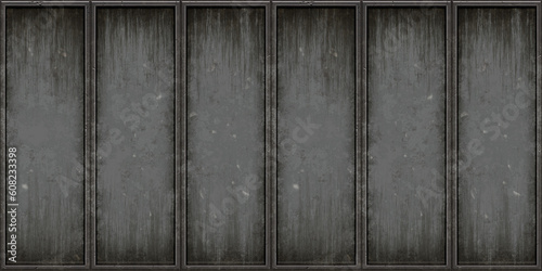 Fototapeta Naklejka Na Ścianę i Meble -  Seamless grungy scratched old steel wall panels background texture. Tileable industrial rusted metal bulkhead floor plates pattern. 8K high resolution grey rough metallic iron moulding 3D rendering.