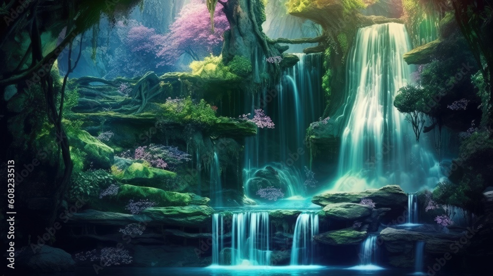 Nestled within a mystical realm, an enchanted waterfall descends with ethereal grace, its crystalline waters shimmering with magical energies that uplift and restore. Generated by AI.