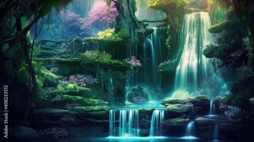 Nestled within a mystical realm, an enchanted waterfall descends with ethereal grace, its crystalline waters shimmering with magical energies that uplift and restore. Generated by AI.