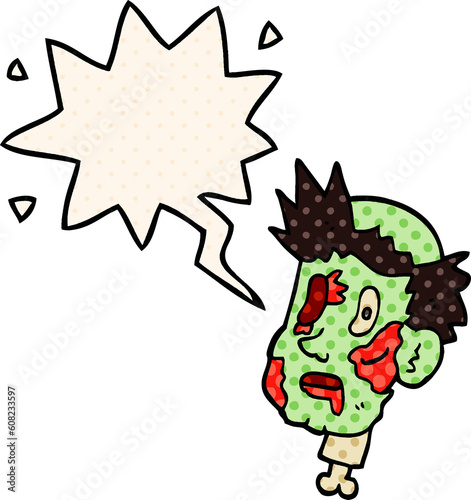 cartoon zombie head with speech bubble in comic book style