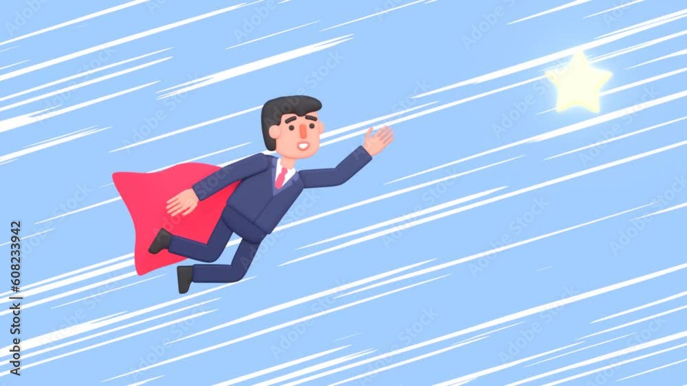 2d animation of a businessman flying in the sky with super hero cape, achieving dreams, goals concept 2d animation of a businessman flying in the sky with super hero cape, achieving dreams, goals concept