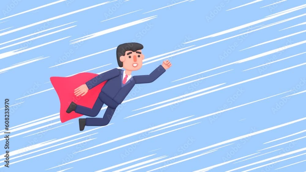 2d animation of a businessman flying in the sky with super hero cape, achieving dreams, goals concept 2d animation of a businessman flying in the sky with super hero cape, achieving dreams, goals concept