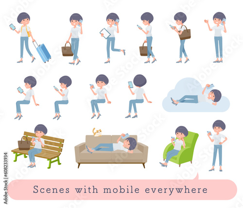 色々なシーンでスマホを使うTシャツマッシュヘア女性のセット