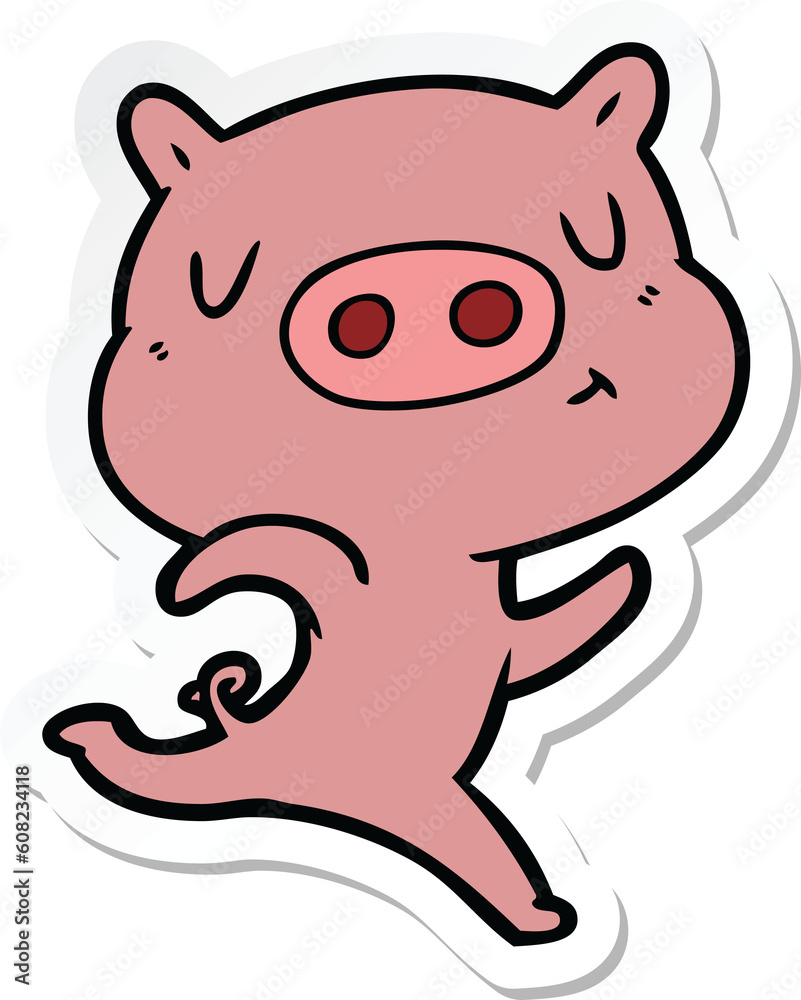 sticker of a cartoon content pig running