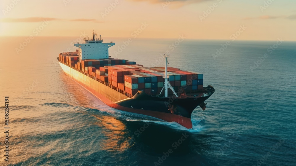 Fototapeta premium Marvel at the sheer magnitude of a large cargo ship as it navigates the open seas, its towering presence and vast cargo holds brimming with goods. Generated by AI.