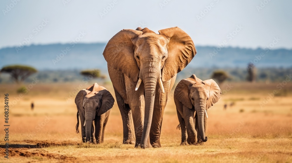 Fototapeta premium Marvel at the sight of a majestic elephant family, a symbol of strength and unity, as they traverse the expansive savannah. Generated by AI.
