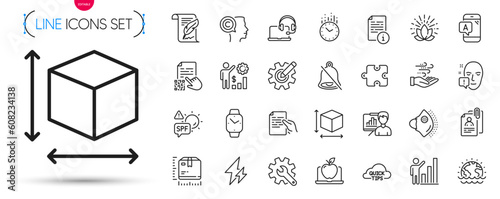 Pack of Time, Qr code and Graph chart line icons. Include Lotus, Hold document, Feather pictogram icons. Box size, Cogwheel, Quick tips signs. Laptop, Face attention, Puzzle. Time outline sign. Vector