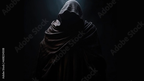 Within the realm of shadows, a figure veiled in a cloak of darkness emerges, their presence emanating an enigmatic energy. Generated by AI.