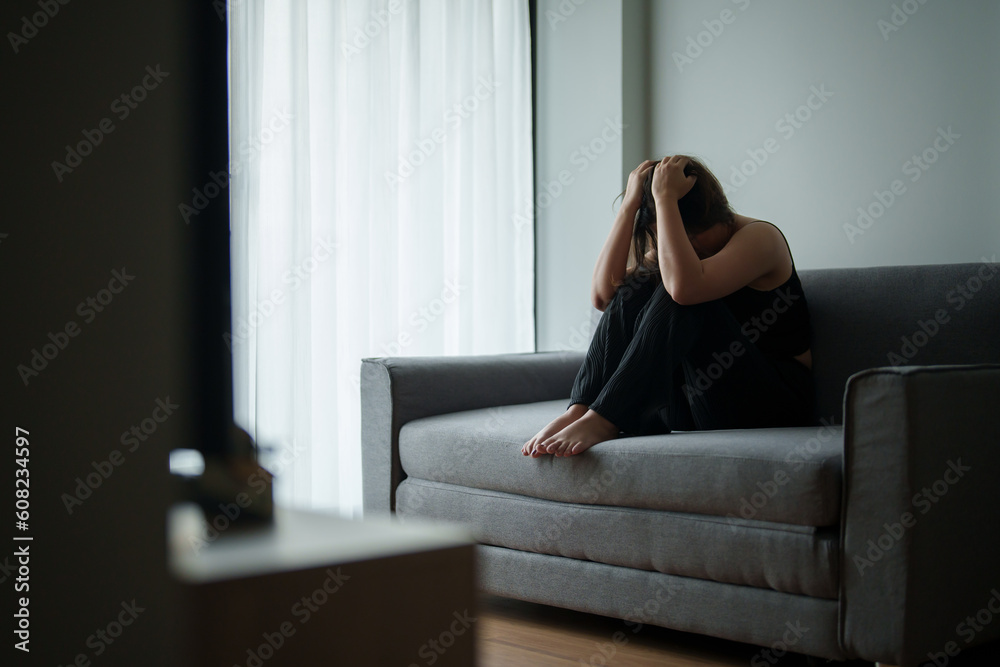 Mental health problem, Sad asian female anxiety depressed lonely in his home.. Mental health problem, Sad asian female anxiety depressed lonely in his home..
