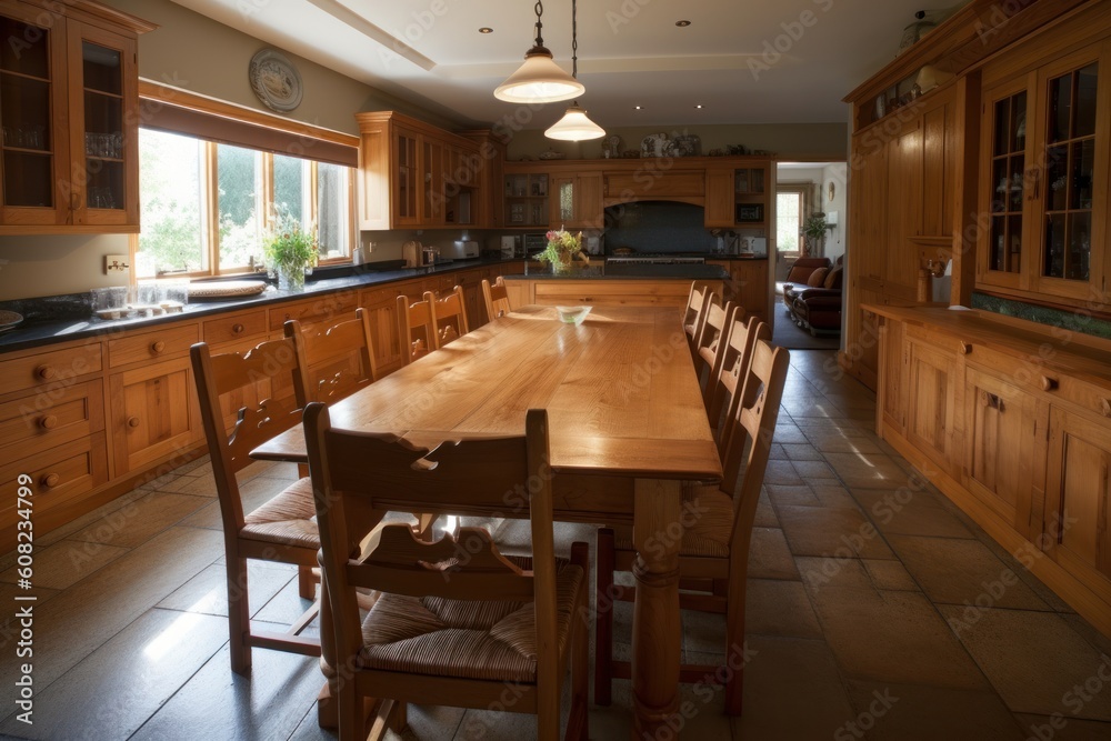 Spacious kitchen in a classic old-fashioned style, facades made of natural wood. Large dining table with wooden chairs. Generative AI
