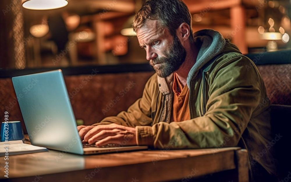 Man writer in full transcreativity is writing his masterpiece on his laptop that will become a best seller, his appearance is concentrated and serious - ai generative Man writer in full transcreativity is writing his masterpiece on his laptop that will become a best seller, his appearance is concentrated and serious - ai generative