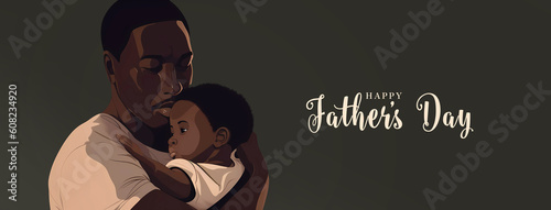 Illustration of african american father with his little son, on black background. Concept of Father's day., fathers love, relationships between dad and child. Created with Generative AI technology.
