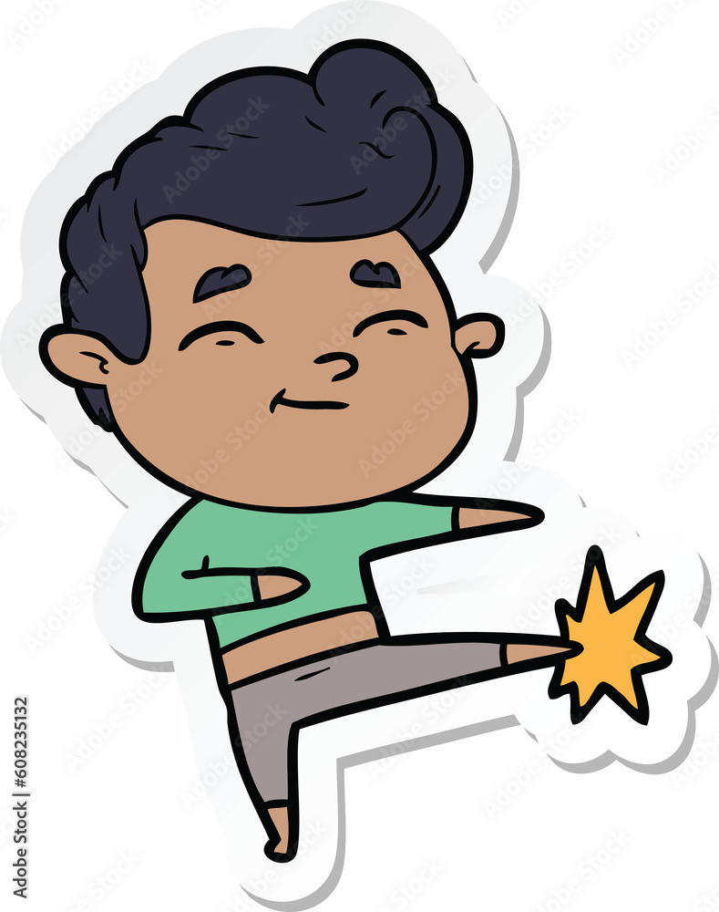 sticker of a happy cartoon man kicking
