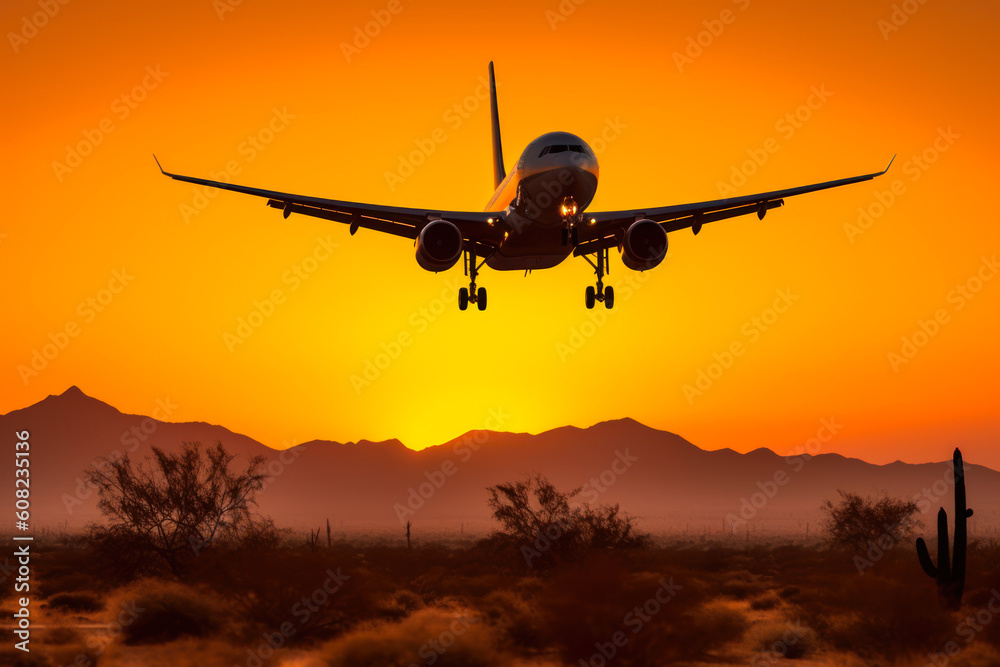 landing plane in the evening at the orange sky background generative ai