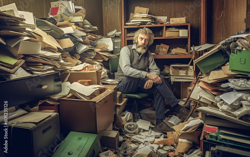 Middle-aged scholar doing research and surrounded by documents and folders - ai generative photo