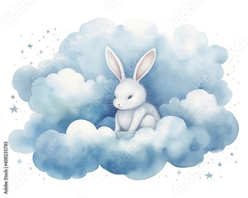 dreamy and ethereal watercolor print of a rabbit surrounded by floating clouds and stars. soft pastel shades and gentle brushstrokes to create a sense of tranquility and enchantment © PinkiePie