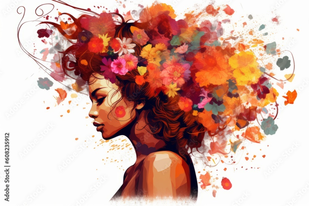 White background. Woman with flowers in the hair. Beautiful illustration picture. Generative AI