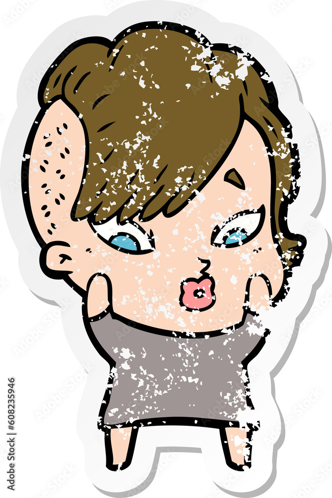 distressed sticker of a cartoon surprised girl