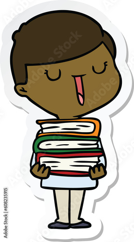 sticker of a cartoon happy boy with stack of books