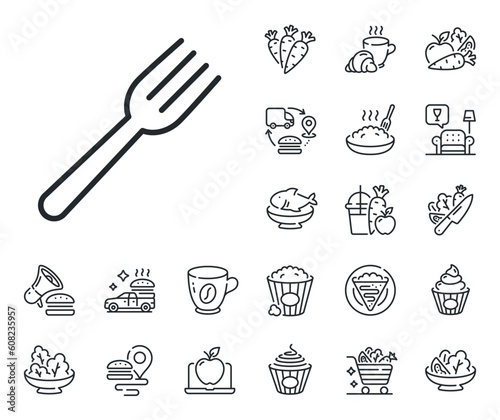 Kitchen cutlery sign. Crepe, sweet popcorn and salad outline icons. Fork line icon. Kitchenware utensils symbol. Fork line sign. Pasta spaghetti, fresh juice icon. Supply chain. Vector