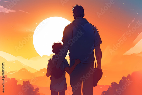 Backview of father with his little son on expedition. Concept of Father's day, fathers love, relationships between dad and child. Created with Generative AI technology.