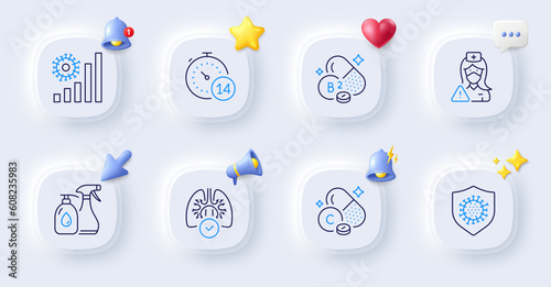 Vitamin c, Coronavirus statistics and Lungs line icons. Buttons with 3d bell, chat speech, cursor. Pack of Cleaning liquids, Nurse, Riboflavin vitamin icon. Quarantine, Coronavirus pictogram. Vector