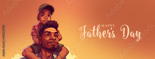 Illustration of african american father carrying his little son on shoulders. Concept of Father's day, fathers love, relationships between dad and child. Created with Generative AI technology.