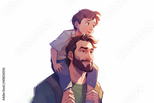 Illustration of father carrying his little son on shoulders. Concept of Father's day, fathers love, relationships between dad and child. Created with Generative AI technology. photo