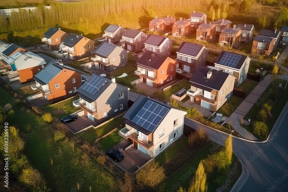 Drone view of residential houses with photovoltaic solar panels. Alternative and Renewable energy concept, top down view, high contrast and saturation. Generative ai